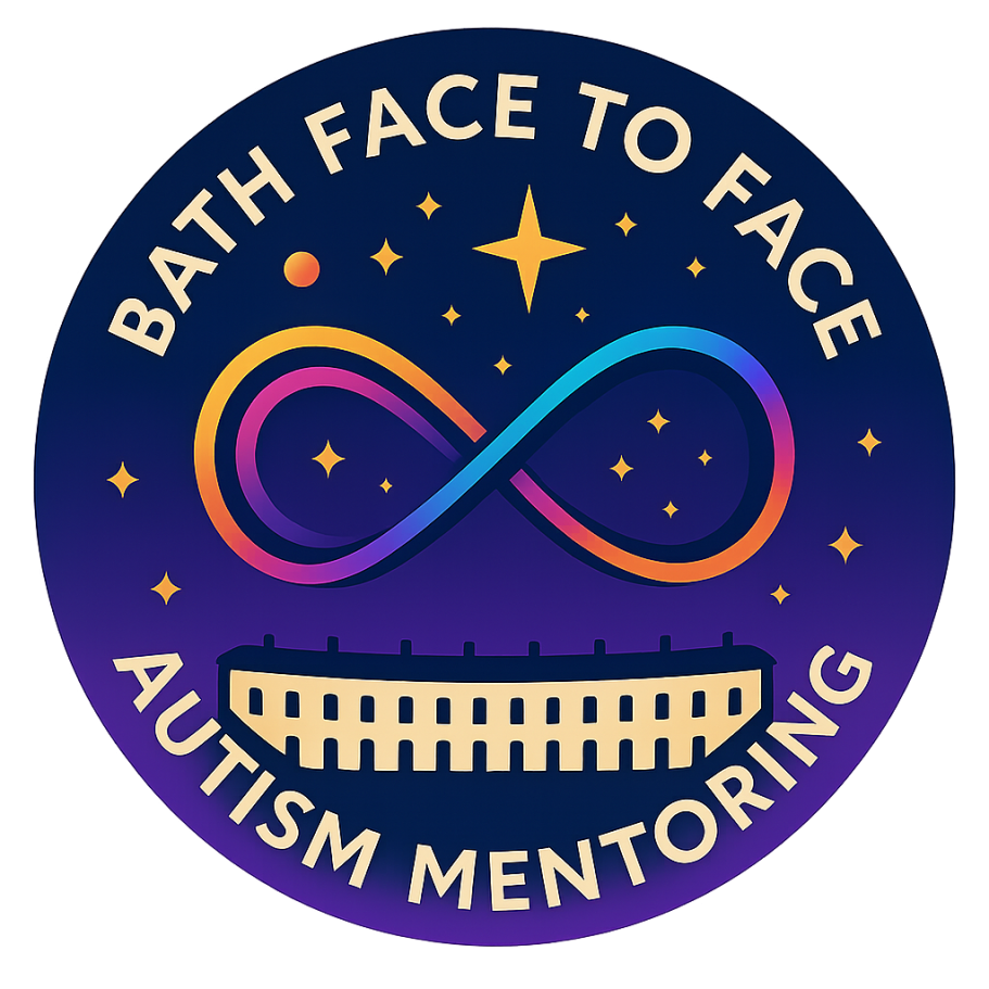 Logo for Bath F2F Autism Mentoring. A circular design featuring a golden rainbow infinity loop surrounded by stars and planets, with a line drawing of the Royal Crescent beneath.